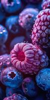 une magnifique proche en haut photographier de fruit, avec framboises, myrtilles et mûres, studio tir. haute qualité photo