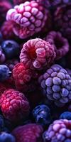 une magnifique proche en haut photographier de fruit, avec framboises, myrtilles et mûres, studio tir. haute qualité photo