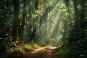 magique été paysage dans une rêveur forêt, avec des rayons de lumière du soleil magnifiquement éclairant le des vagues de brouillard et La peinture étourdissant couleurs dans le des arbres. haute qualité photo