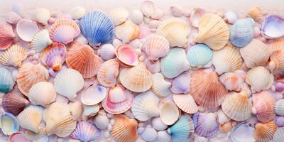 une collection de vibrant mer coquilles arrangé symétriquement sur une blanc surface, mettant en valeur Naturel beauté et complexe motifs dans électrique bleu, magenta, et autre teintes. haute qualité photo