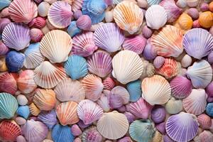 une collection de vibrant mer coquilles arrangé symétriquement sur une blanc surface, mettant en valeur Naturel beauté et complexe motifs dans électrique bleu, magenta, et autre teintes. haute qualité photo