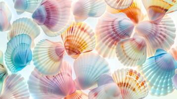 une collection de vibrant mer coquilles arrangé symétriquement sur une blanc surface, mettant en valeur Naturel beauté et complexe motifs dans électrique bleu, magenta, et autre teintes. haute qualité photo