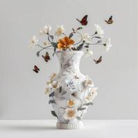 une Créatif les arts afficher de fleurs et papillons dans une blanc vase sur une tableau, ajouter une toucher de la nature à le chambre. haute qualité photo