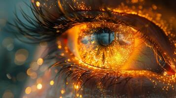 une macro la photographie art pièce avec une les femmes œil avec électrique Orange feu, entouré par obscurité et mise en évidence le complexe détails de le iris et cils. haute qualité photo