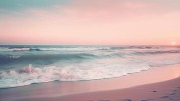 magnifique lever du soleil plage. exotique rive, vagues sur brillant sable, mer horizon. fermer, méditerranéen rêve, le coucher du soleil ciel. paisible tranquille se détendre. positif énergie méditation. haute qualité photo
