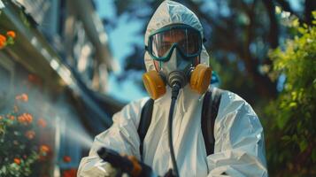 la personne dans Hazmat costume désinfectant rue avec pulvérisateur. surface traitement pendant coronavirus pandémie. une gars de le ravageur contrôle un service dans une masque et une blanc protecteur costume Vaporisateurs toxique gaz photo