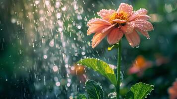 une rose, blanc ou Orange fleur est gracieusement étant arrosé par une eau, entouré par une magnifique Naturel paysage. haute qualité photo