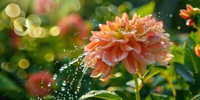 une rose, blanc ou Orange fleur est gracieusement étant arrosé par une eau, entouré par une magnifique Naturel paysage. haute qualité photo