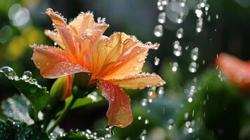 une rose, blanc ou Orange fleur est gracieusement étant arrosé par une eau, entouré par une magnifique Naturel paysage. haute qualité photo