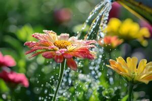 une rose, blanc ou Orange fleur est gracieusement étant arrosé par une eau, entouré par une magnifique Naturel paysage. haute qualité photo