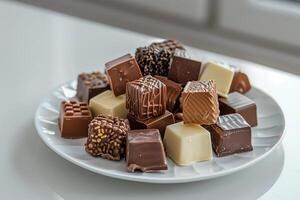 pile de Chocolat cube bonbons dans assiette photo