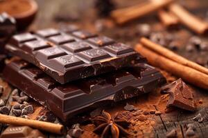 Chocolat bar avec cannelle bâton et étoile anis sur en bois table photo