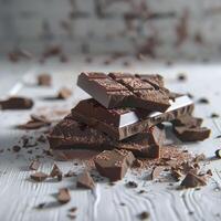 pile de Chocolat bar sur blanc en bois table photo