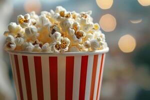 détaillé vue de une rouge et blanc rayé pop corn tasse rempli avec pop corn à une cinéma photo