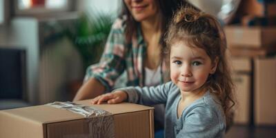 une content 4 année vieux fille déballer papier carton des boites après en mouvement. famille en mouvement dans une Nouveau maison. photo