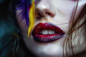 fermer de lèvres avec rouge à lèvres de une Jeune femme avec brillant coloré maquillage et taches de rousseur. mode bannière avec copie espace photo