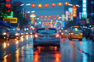 Urbain ville animé rue avec brillant lumières professionnel la photographie photo