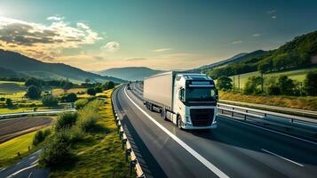 moderne un camion sur le Autoroute livre cargaison. magnifique paysage sur le Contexte. logistique et importer exportation concept photo