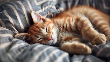 rouge chat dort gentiment dans gris doux en tissu photo