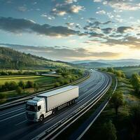 moderne un camion sur le Autoroute livre cargaison. magnifique paysage sur le Contexte. logistique et importer exportation concept photo