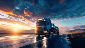 moderne un camion sur le Autoroute livre cargaison. magnifique paysage sur le Contexte. logistique et importer exportation concept photo