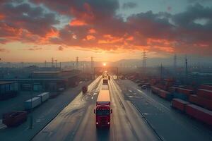 Haut vue de Port où conteneurs sont étant chargé sur camions pour livraison à tri centres ou entrepôts. logistique processus concept photo