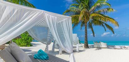 se détendre sur luxe VIP plage avec blanc pavillons dans ensoleillé bleu ciel. luxe vacances plage vacances dans tropical station balnéaire, Hôtel. couple battre en retraite fantastique loisir mode de vie paysage, paume des arbres blanc le sable photo