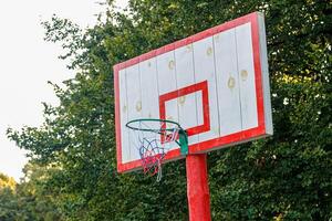 blanc basketball panneau avec une bague sur une Contexte de des arbres photo