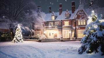 Noël dans le campagne manoir, Anglais pays maison Manoir décoré pour vacances sur une neigeux hiver soir avec neige et vacances lumières, joyeux Noël et content vacances photo