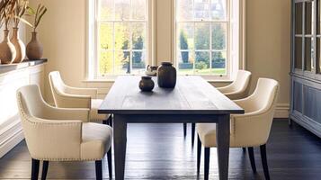 moderne chalet à manger pièce décor, intérieur conception et pays maison meubles, Accueil décor, noir table et blanc chaises, Anglais campagne style photo