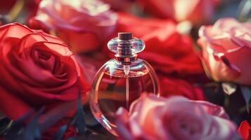 parfum bouteille dans fleurs, fragrance sur épanouissement arrière-plan, floral parfum et cosmétique produit photo