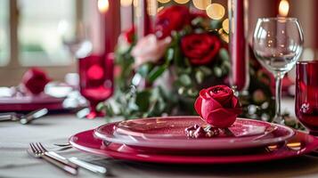 valentines journée paysage de table et table décor, romantique table réglage avec fleurs, formel dîner et date, magnifique coutellerie et vaisselle photo
