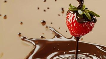 fraise chute dans fondu liquide chocolat, nourriture dessert et confiserie industrie photo