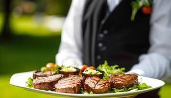 steak servi par une serveur à une luxe un événement en plein air, bien à manger, post-traité, photo