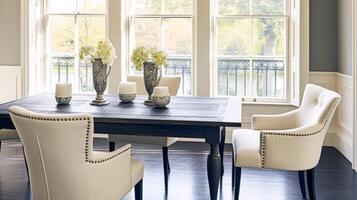 moderne chalet à manger pièce décor, intérieur conception et pays maison meubles, Accueil décor, noir table et blanc chaises, Anglais campagne style photo