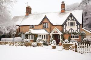 magnifique pays chalet décoré pour Noël sur une neigeux hiver jour, vacances et fête, photo