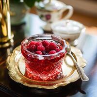 framboise confiture et framboises dans une cristal bol, pays nourriture et Anglais recette idée pour menu, nourriture Blog et livre de recettes photo