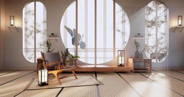 maquette d'armoire, salon minimal, sol en tatami et fauteuil design.rendu 3d photo