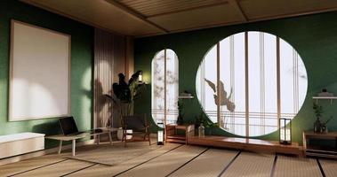 maquette d'armoire, salon à la menthe minimal, sol en tatami et fauteuil design.rendu 3d