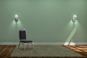 intérieur du salon avec chaise et tapis avec deux lampes, parquet sur fond de mur vert. rendu 3D photo