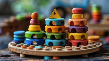 coloré en bois jouet empilage sur table photo