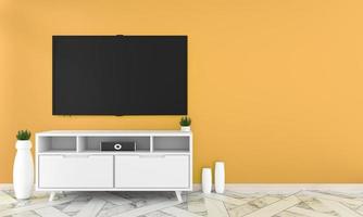 TV sur la conception de l'armoire dans le sol en granit intérieur de la chambre sur un mur orange, conceptions minimales de style zen, rendu 3d photo