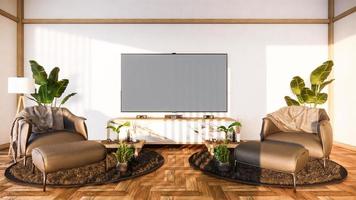 meuble tv design d'intérieur a un fauteuil sur salle vide design japonais, rendu 3d
