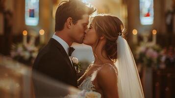 la mariée et jeune marié embrasser dans église photo