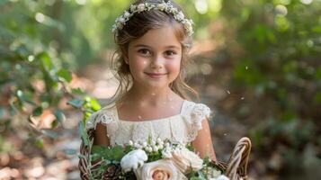 Jeune fille dans mariage robe en portant panier de fleurs photo