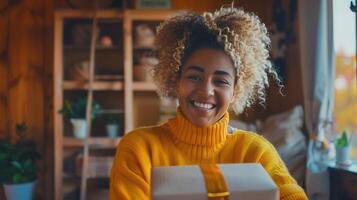 femme avec frisé cheveux en portant deux des boites photo