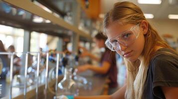 les enfants dans des lunettes travail dans une laboratoire photo