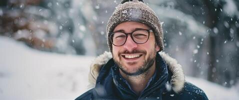 homme portant des lunettes et chapeau dans neige photo
