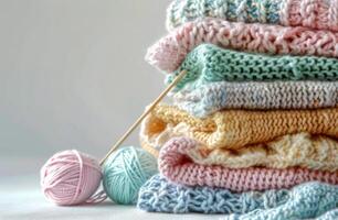 pile de crocheté couvertures sur lit photo