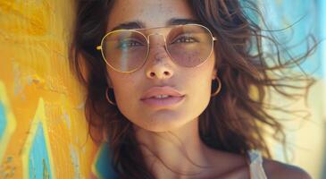 femme dans des lunettes de soleil penché contre Jaune mur photo